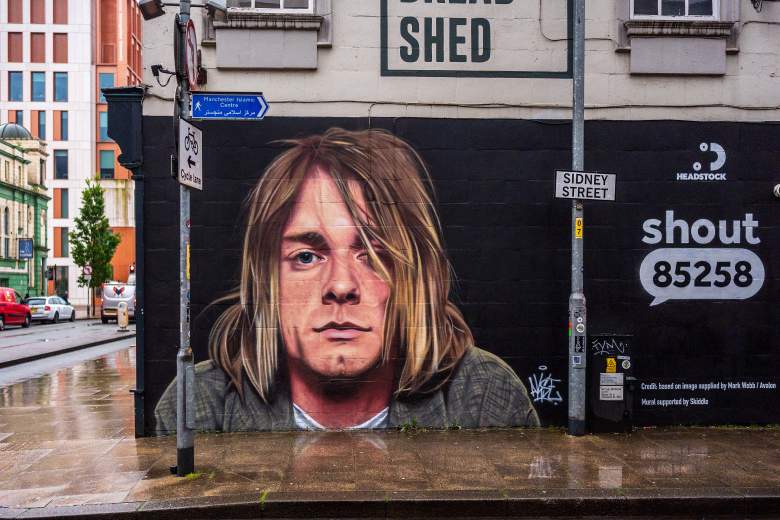 Mural of Kurt Cobain by street artist Akse P19 displayed on the side of The Bread Shed music venue in Manchester, England.