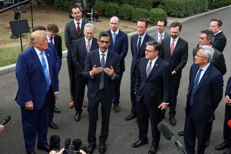 Google CEO Sundar Pichai speaks as U.S. President Donald Trump holds a press briefing with AI executives following a meeting on artificial intelligence outside the West Wing of the White House on September 29, 2026.